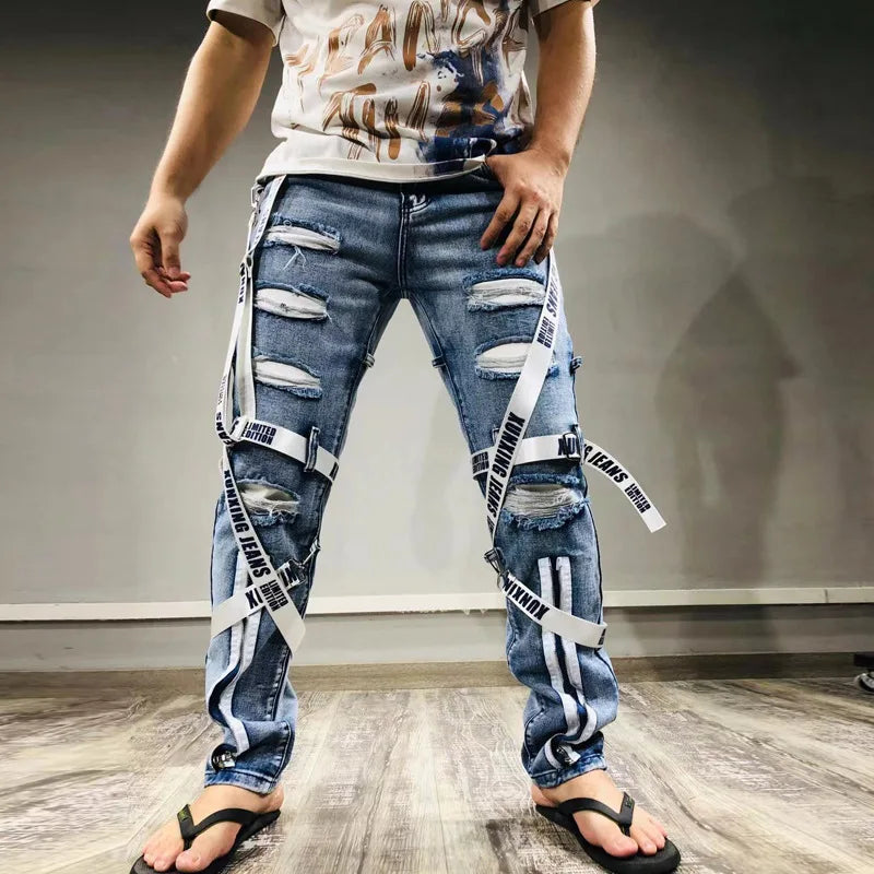 FREEME™ Men's Camo Ripped Straight Jeans - Zipper Detail Mid Waist Streetwear Denim