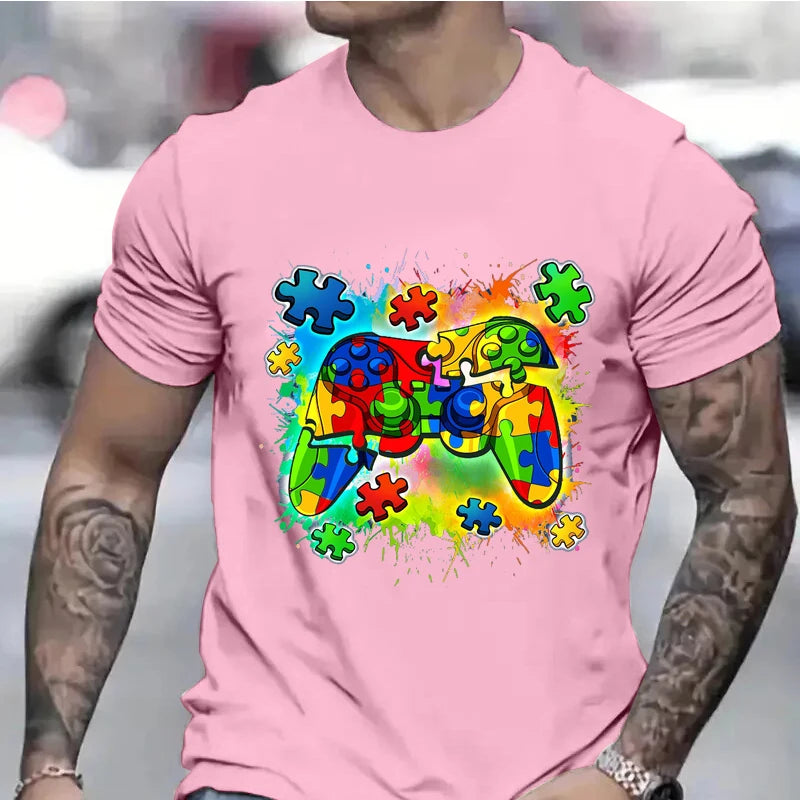 FREEME™ Autism Awareness Video Game Controller T-Shirt - Short Sleeve Summer Tee for Boys & Men