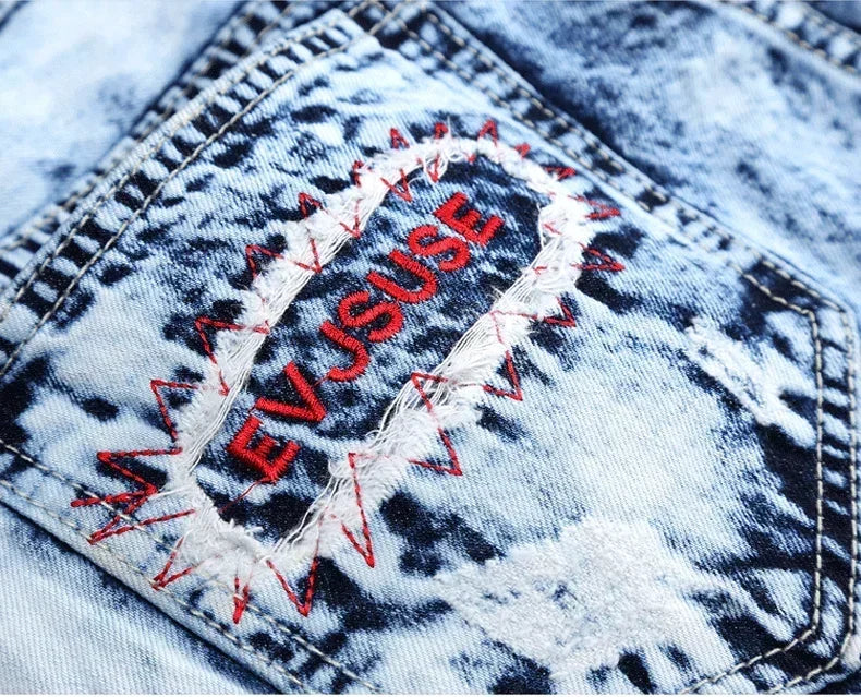 FREEME™ Men's Embroidered Patchwork Ripped Jeans - Slim Fit Motorcycle Denim