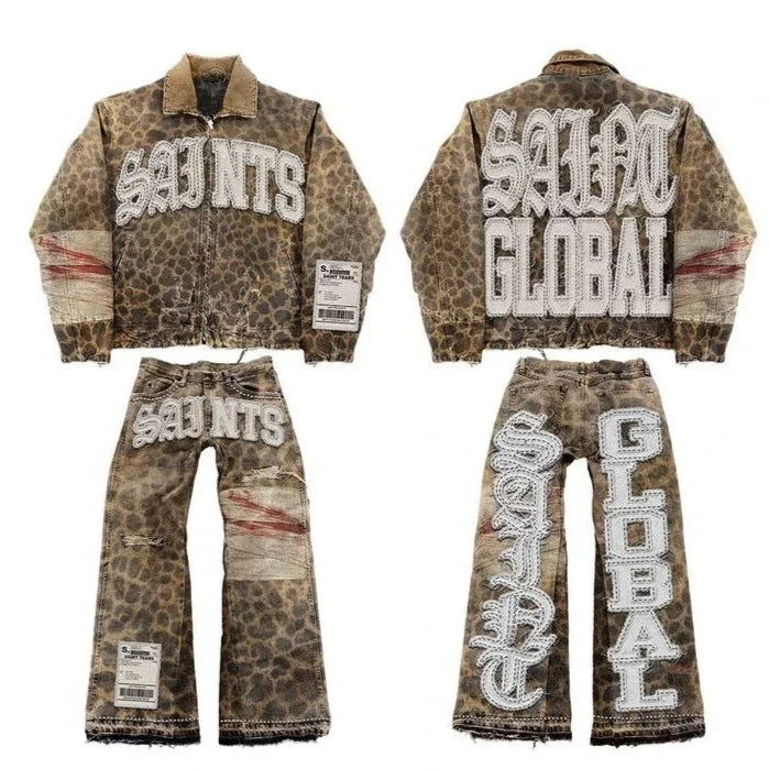 FREEME™ Y2K Denim Jacket & Jeans Set - Hip Hop Patchwork Embroidered Suit