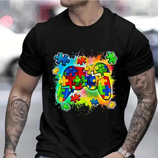 FREEME™ Autism Awareness Video Game Controller T-Shirt - Short Sleeve Summer Tee for Boys & Men