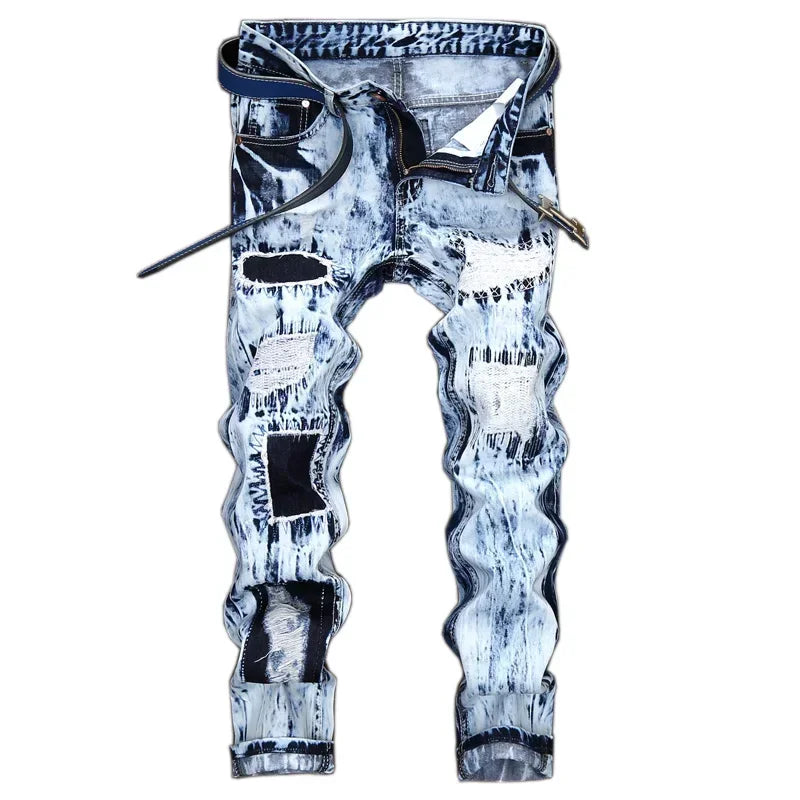 FREEME™ Men's Embroidered Patchwork Ripped Jeans - Slim Fit Motorcycle Denim