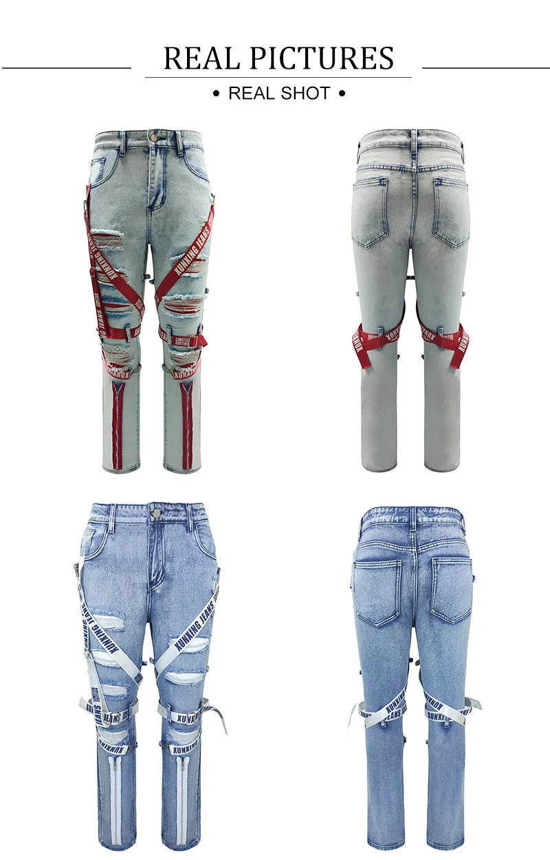 FREEME™ Men's Camo Ripped Straight Jeans - Zipper Detail Mid Waist Streetwear Denim