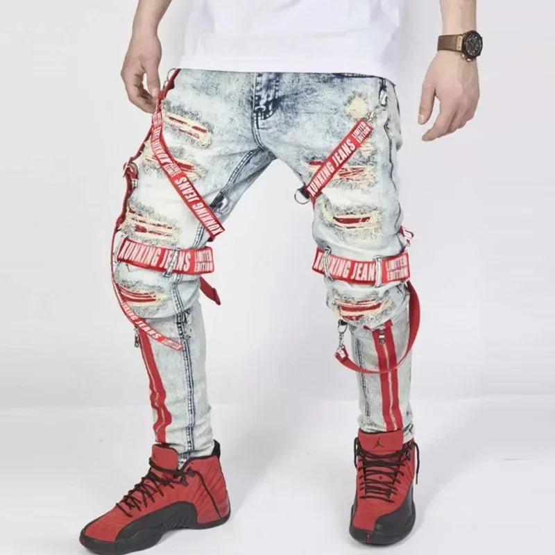 FREEME™ Men's Camo Ripped Straight Jeans - Zipper Detail Mid Waist Streetwear Denim
