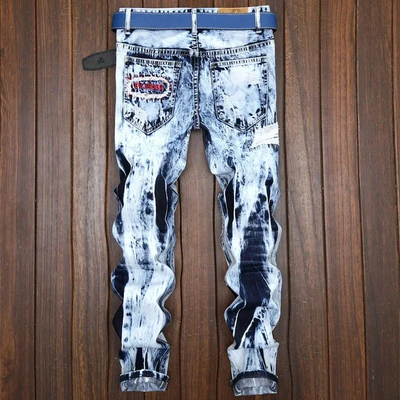 FREEME™ Men's Embroidered Patchwork Ripped Jeans - Slim Fit Motorcycle Denim