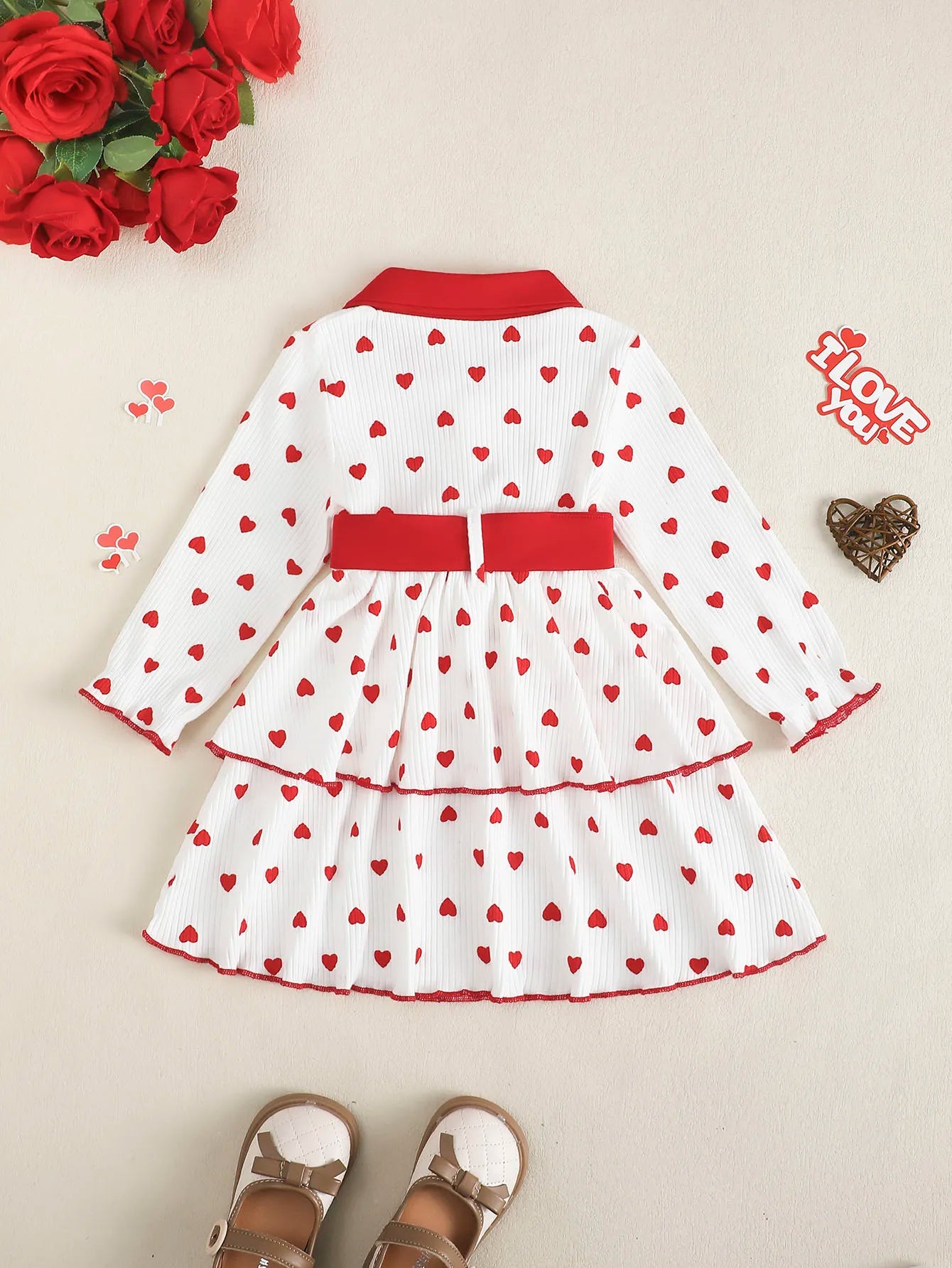 FREEME™ Toddler Girl Heart Print Long Sleeve Ruffle Dress - Infant Children's Clothing with Belt