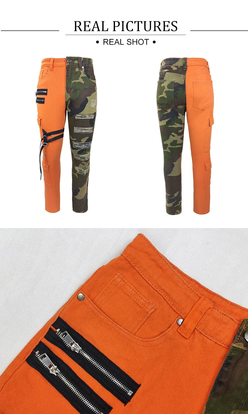 FREEME™ Men's Camo Ripped Straight Jeans - Zipper Detail Mid Waist Streetwear Denim