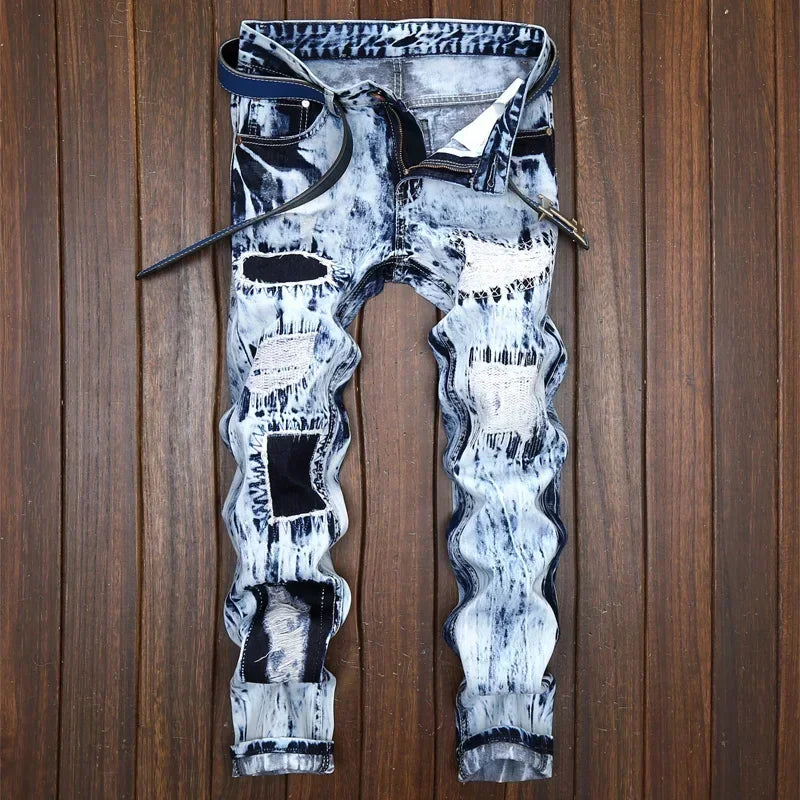 FREEME™ Men's Embroidered Patchwork Ripped Jeans - Slim Fit Motorcycle Denim