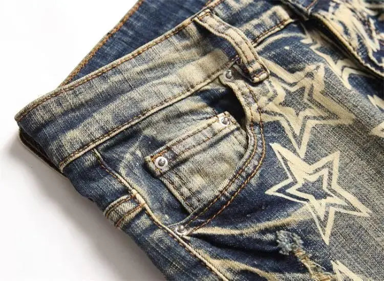 FREEME™ Men's Retro Distressed Patch Slim Fit Jeans - High Street Streetwear Denim