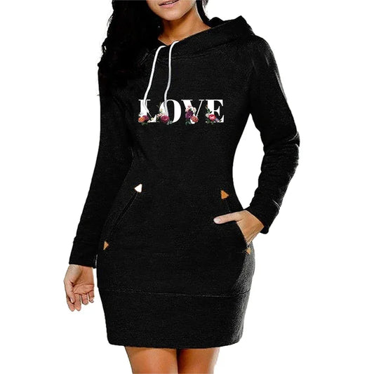 FREEME™ LOVE Letter Hooded Dress - Knee-Length Fleece Casual Frock