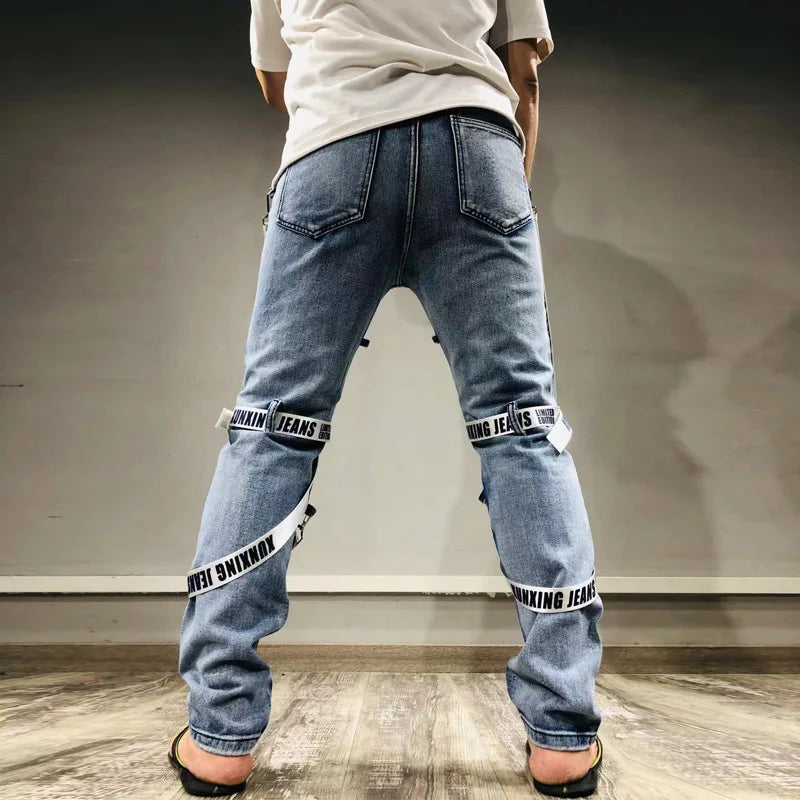 FREEME™ Men's Camo Ripped Straight Jeans - Zipper Detail Mid Waist Streetwear Denim