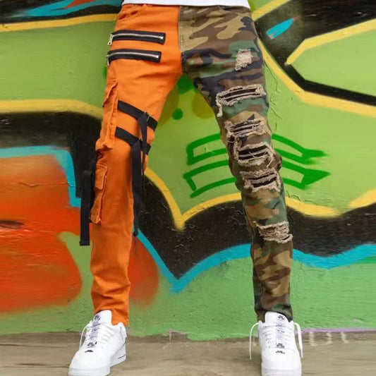 FREEME™ Men's Ripped Camo Color Block Jeans - Slim Fit Straight Leg Overalls