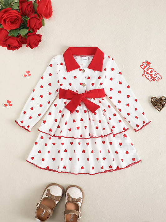 FREEME™ Toddler Girl Heart Print Long Sleeve Ruffle Dress - Infant Children's Clothing with Belt