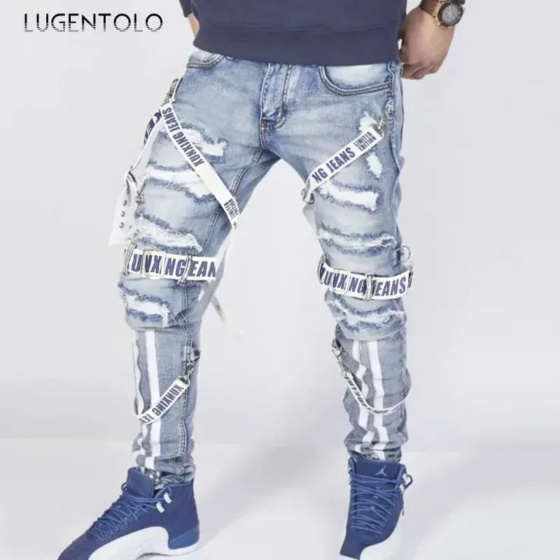 FREEME™ Men's Camo Ripped Straight Jeans - Zipper Detail Mid Waist Streetwear Denim