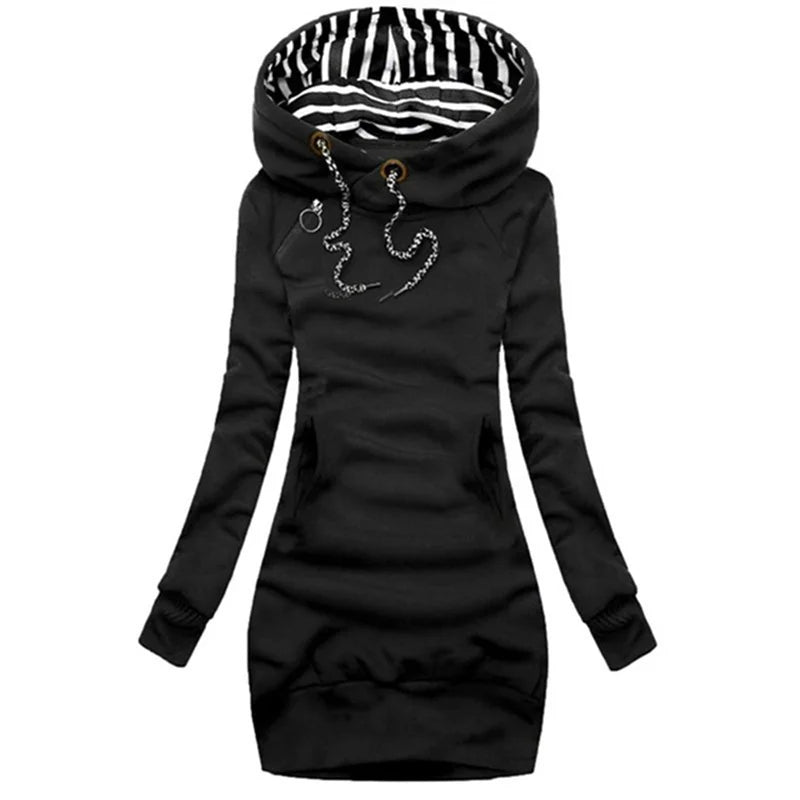 FREEME™ Casual Solid Hoodie Dress - Long Sleeve Drawstring Pullover