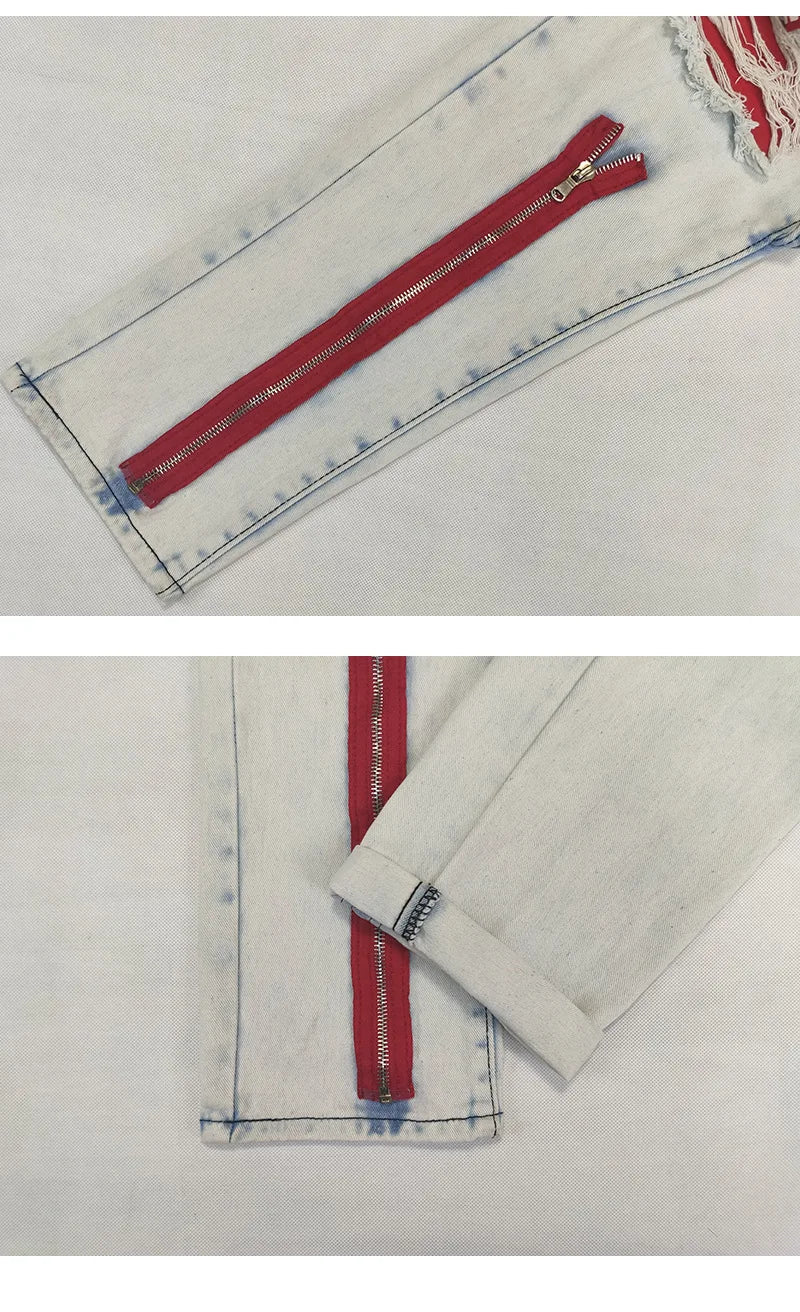 FREEME™ Men's Camo Ripped Straight Jeans - Zipper Detail Mid Waist Streetwear Denim
