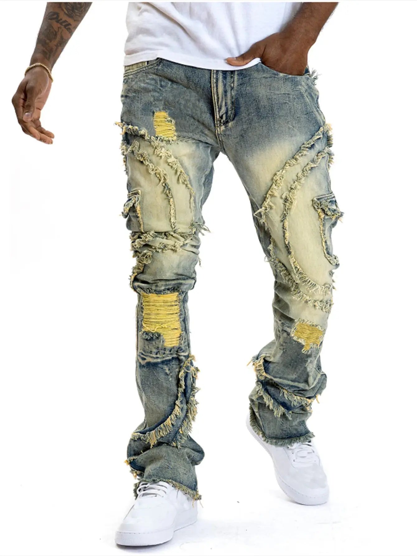 FREEME™ Men's Punk Ripped Flared Jeans - Retro Tassel Elastic Streetwear