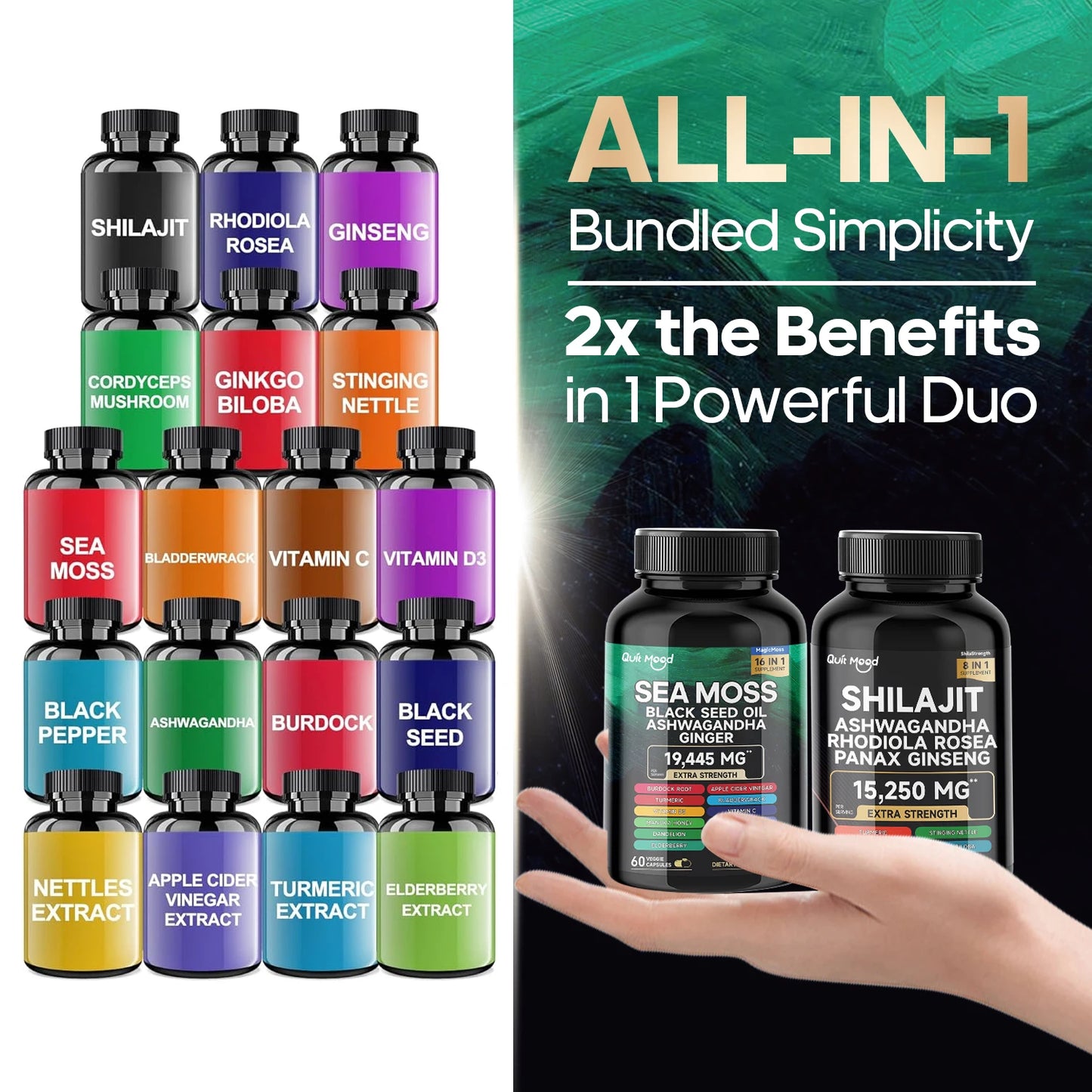 FREEME™ Sea Moss and shilajit Bundle 120 capsules, with Seamoss, Black Seed Oil, Ashwagandha, Ginger, Burdock Root, Turmeric, Black Pepp