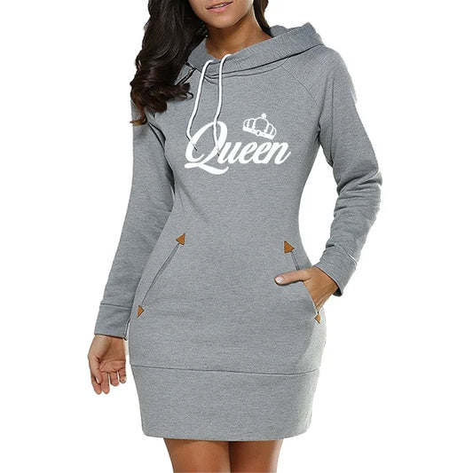 FREEME™ Queen Hooded Dress - Knee-Length Fleece Casual Frock