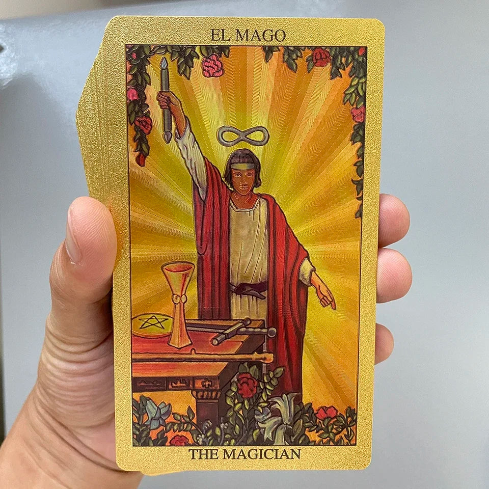FREEME™ Golden Foil Bilingual Tarot Card Deck - English & Spanish Divination Set with Guide