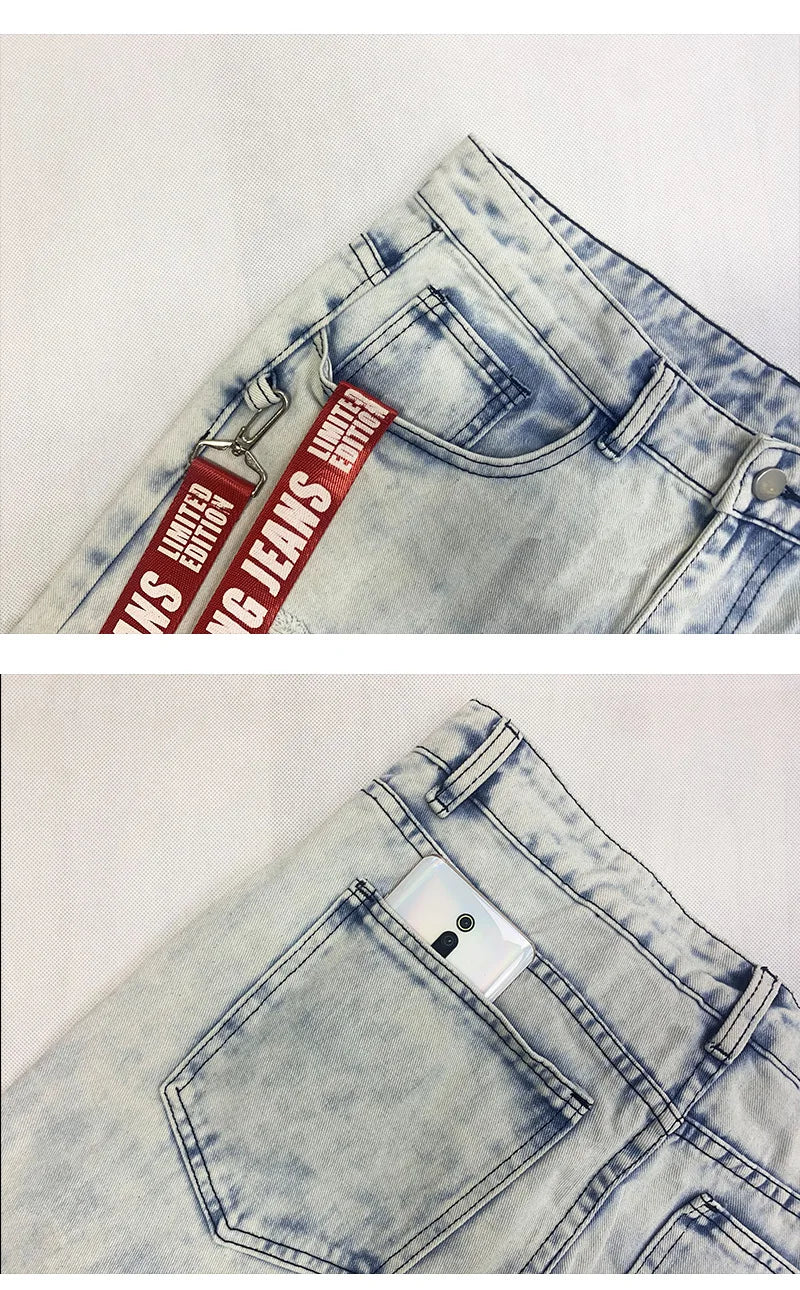 FREEME™ Men's Camo Ripped Straight Jeans - Zipper Detail Mid Waist Streetwear Denim