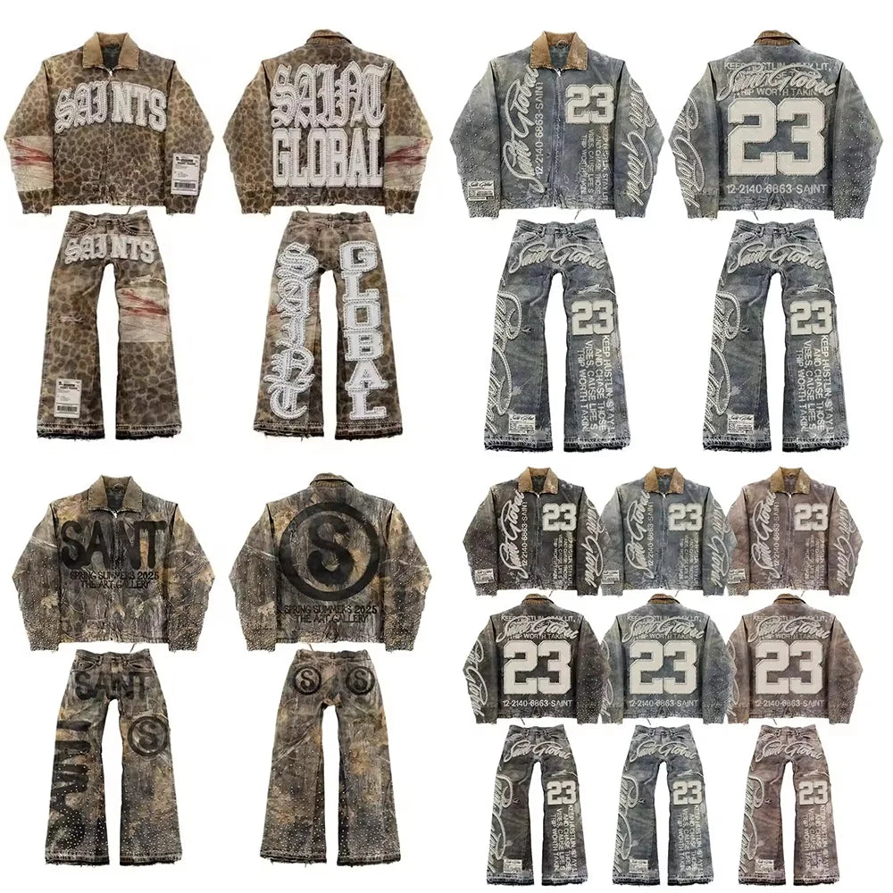 FREEME™ Y2K Denim Jacket & Jeans Set - Hip Hop Patchwork Embroidered Suit