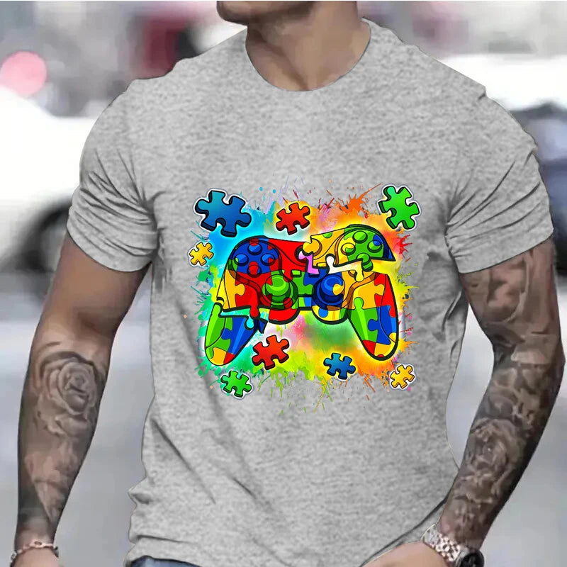 FREEME™ Autism Awareness Video Game Controller T-Shirt - Short Sleeve Summer Tee for Boys & Men