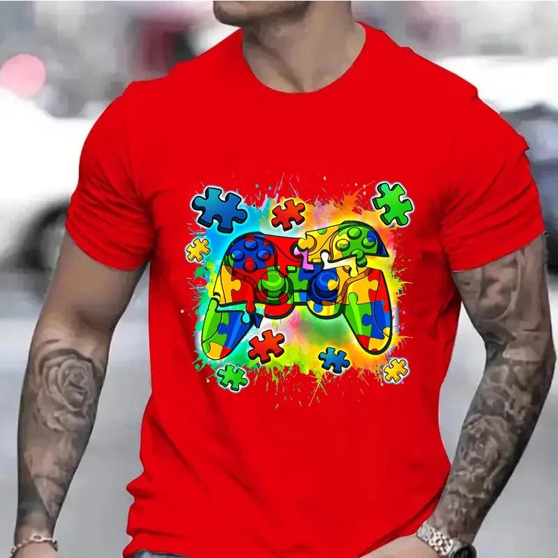 FREEME™ Autism Awareness Video Game Controller T-Shirt - Short Sleeve Summer Tee for Boys & Men