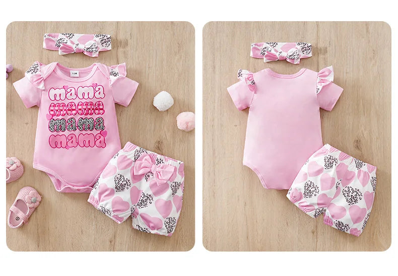 FREEME™ Mother's Day Baby Girl 3-Piece Set - Pink Hearts & Bow Design for 0-18 Months