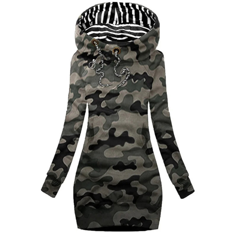 FREEME™ Casual Solid Hoodie Dress - Long Sleeve Drawstring Pullover