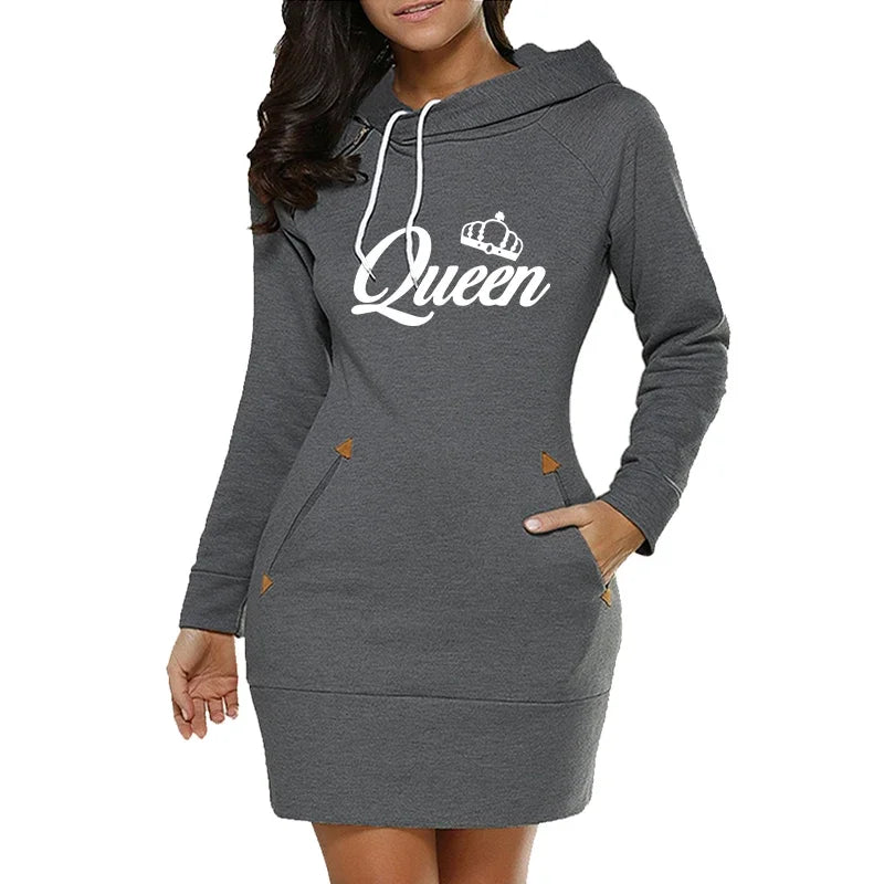 FREEME™ Queen Hooded Dress - Knee-Length Fleece Casual Frock