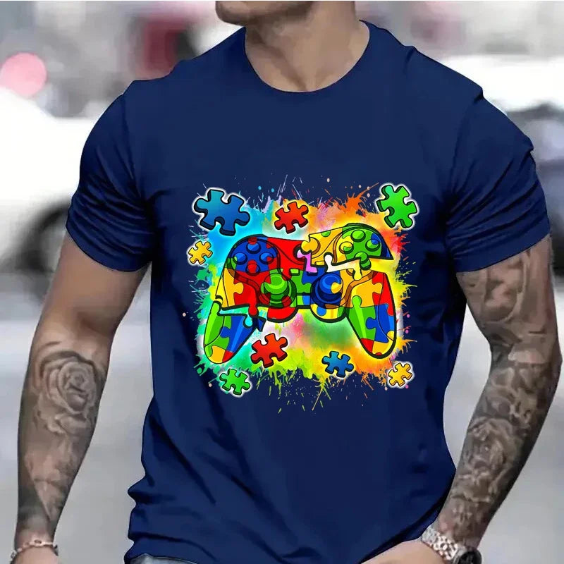 FREEME™ Autism Awareness Video Game Controller T-Shirt - Short Sleeve Summer Tee for Boys & Men