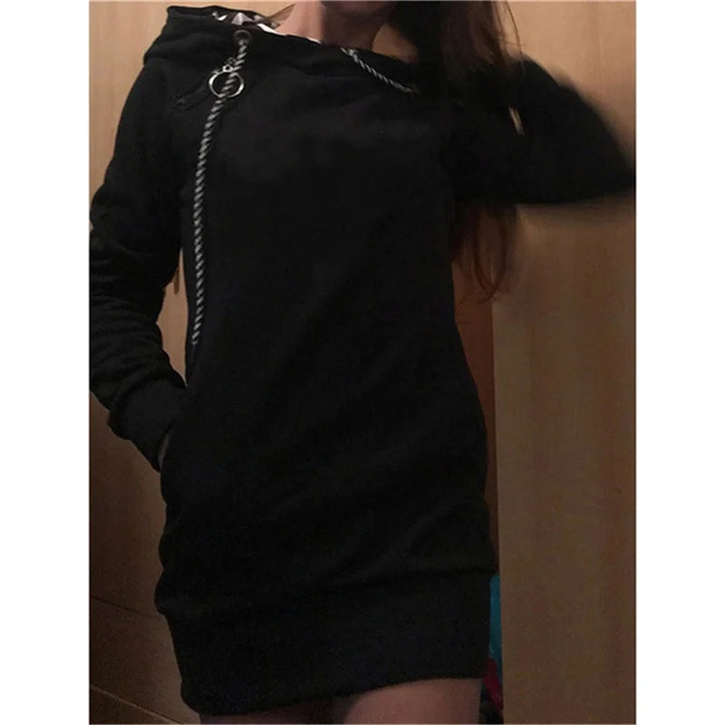 FREEME™ Casual Solid Hoodie Dress - Long Sleeve Drawstring Pullover