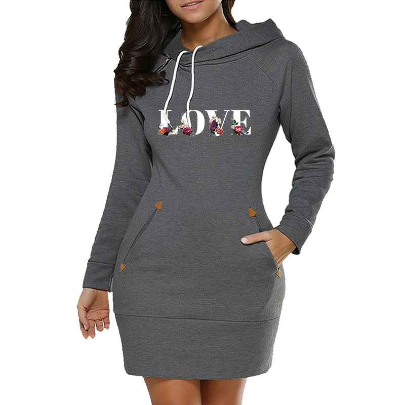FREEME™ LOVE Letter Hooded Dress - Knee-Length Fleece Casual Frock