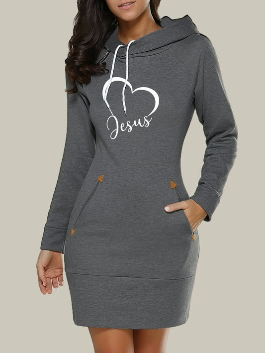 FREEME™ Women's Hooded Sweatshirt Dress - Casual Zip Neckline with Pockets