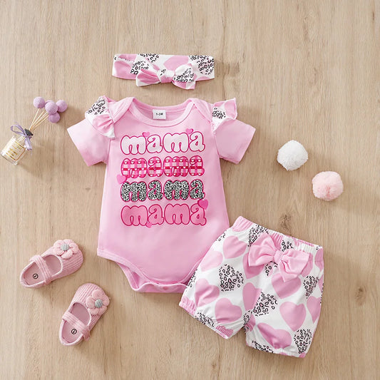 FREEME™ Mother's Day Baby Girl 3-Piece Set - Pink Hearts & Bow Design for 0-18 Months