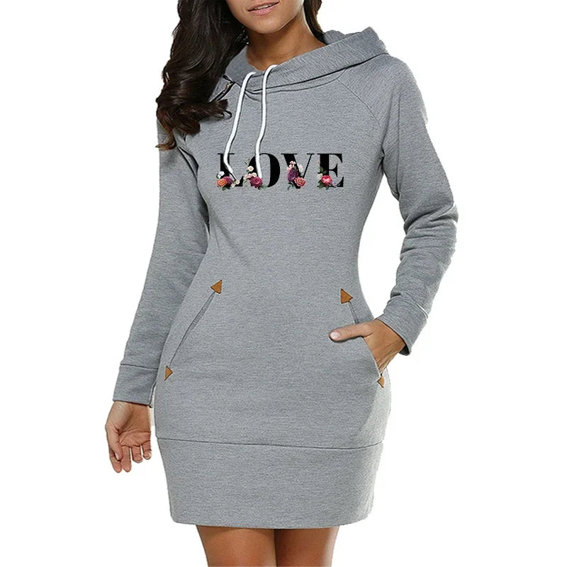 FREEME™ LOVE Letter Hooded Dress - Knee-Length Fleece Casual Frock