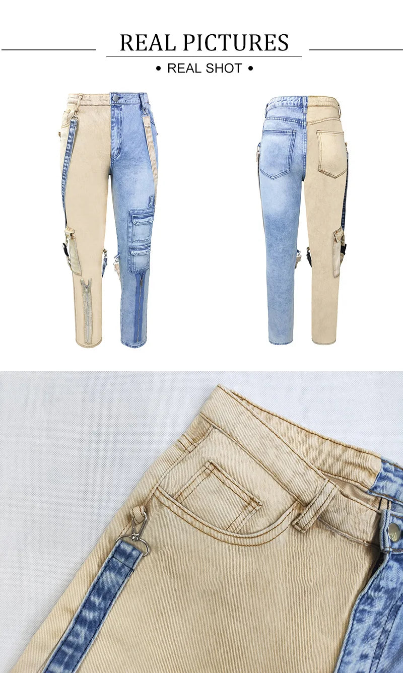 FREEME™ Men's Camo Ripped Straight Jeans - Zipper Detail Mid Waist Streetwear Denim